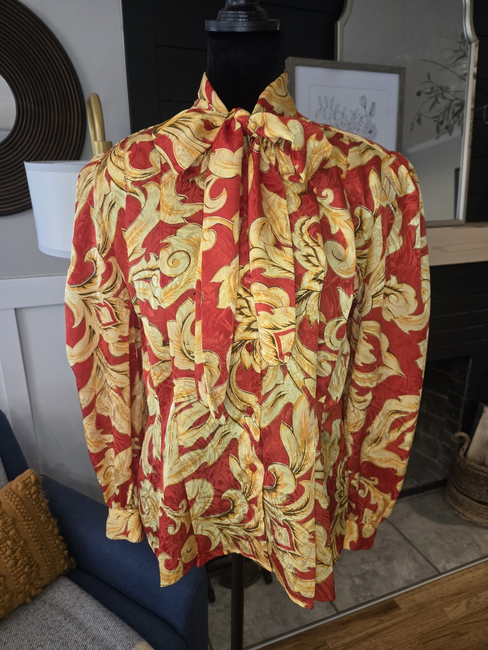 Vintage Anne Klein Red Blouse with Gold Baroque Motif